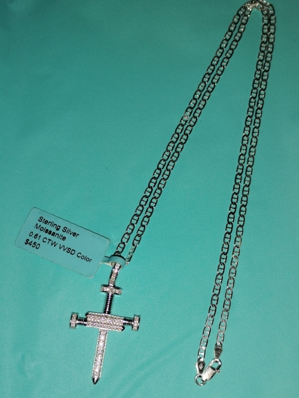 Sterling Silver Nail Cross Pendant Necklace - Silver Moissanite